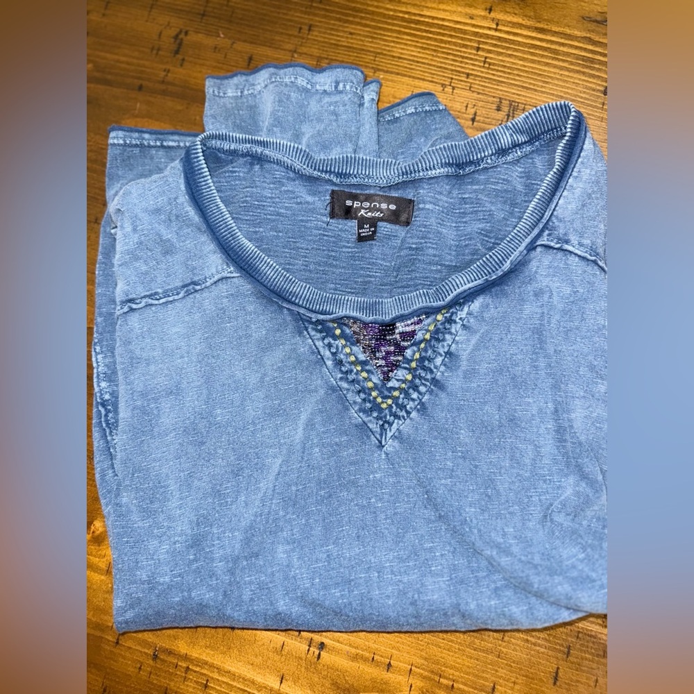 Spense Blue Acid Wash Boho Top Embroidered Y2K Long Sleeve Tee- Medium - Picture 7 of 9